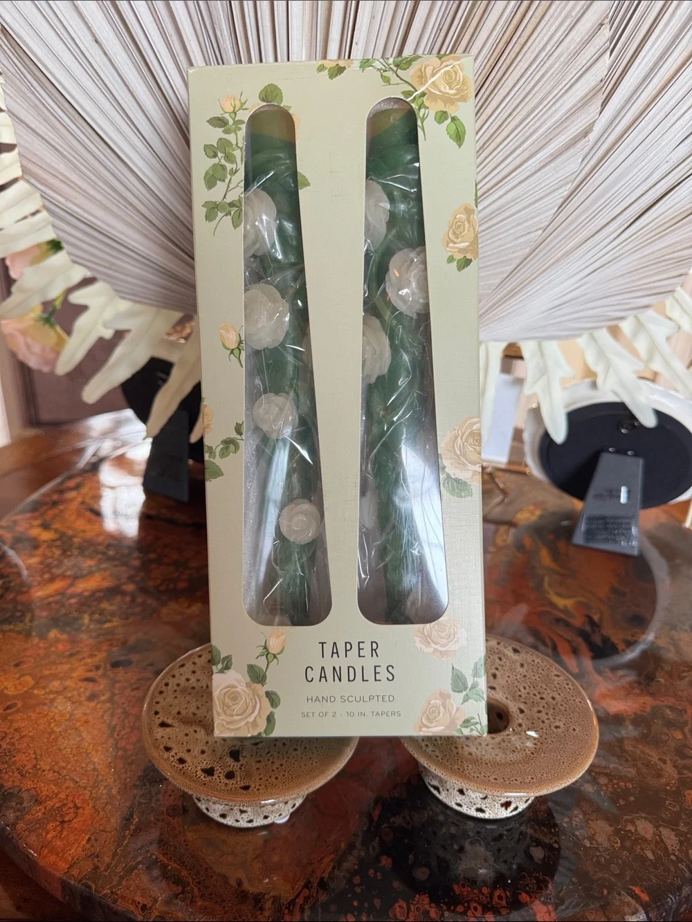Anthropologie (2) Green Taper Candle Pair & Candle Holders